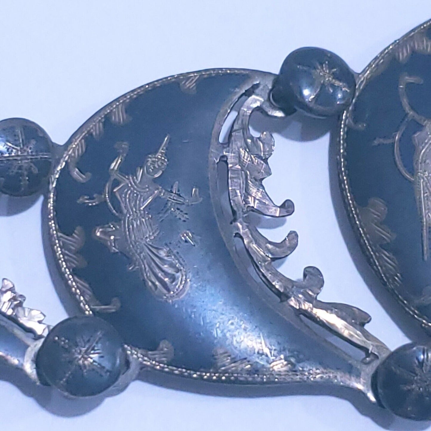 Vintage Sterling Silver Siam 7 Panel Black Niello Bracelet 7.5" Dancer Filigree