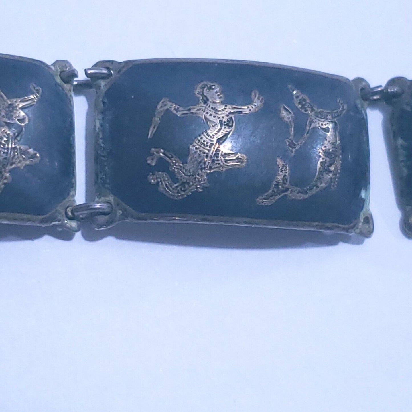 Vintage Sterling Silver Siam 6 Panel Black Niello Bracelet 6.5" Dancer Filigree