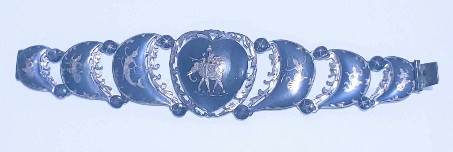 Vintage Sterling Silver Siam 7 Panel Black Niello Bracelet 7.5" Dancer Filigree