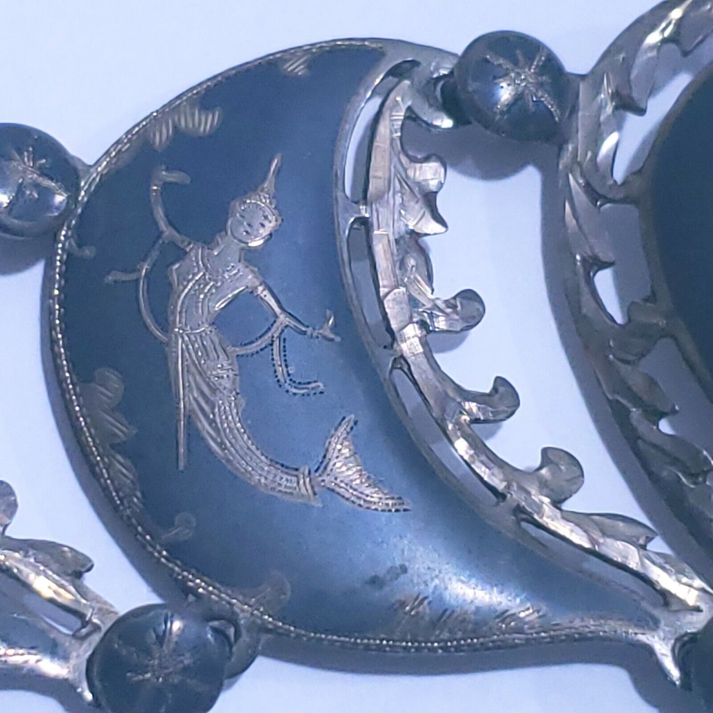 Vintage Sterling Silver Siam 7 Panel Black Niello Bracelet 7.5" Dancer Filigree