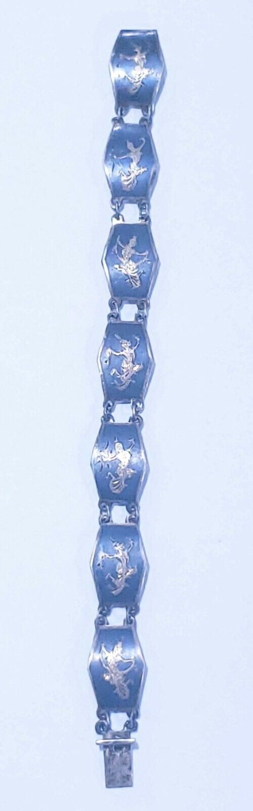 Vintage Sterling Silver Siam 7 Panel Black Niello Bracelet 7" Dancer Filigree