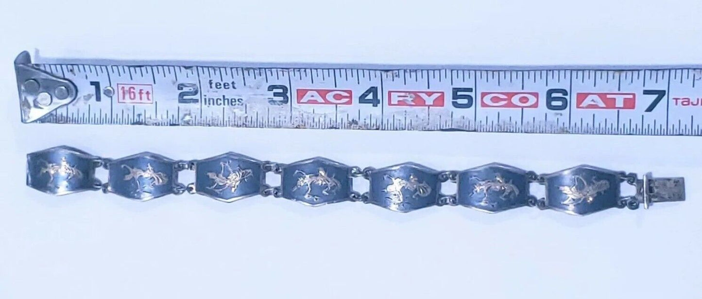 Vintage Sterling Silver Siam 7 Panel Black Niello Bracelet 7" Dancer Filigree