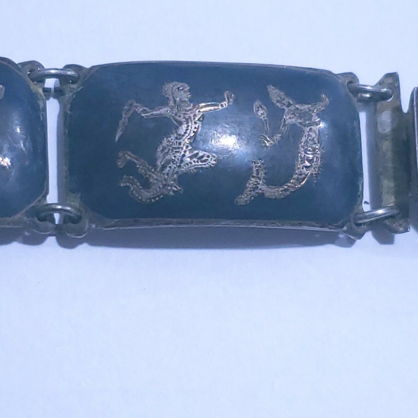 Vintage Sterling Silver Siam 6 Panel Black Niello Bracelet 6.5" Dancer Filigree