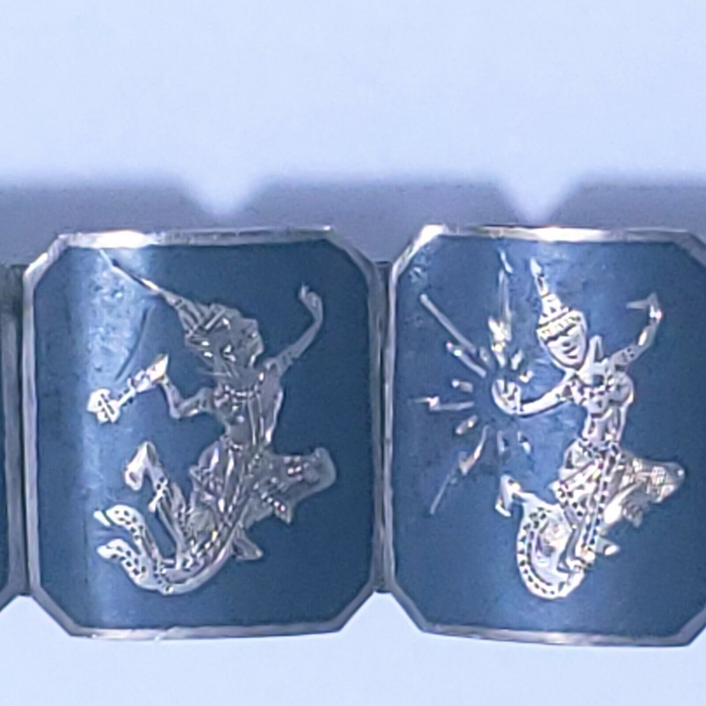 Vintage Sterling Silver Siam 9 Panel Black Niello Bracelet 6.5" Dancer Filigree