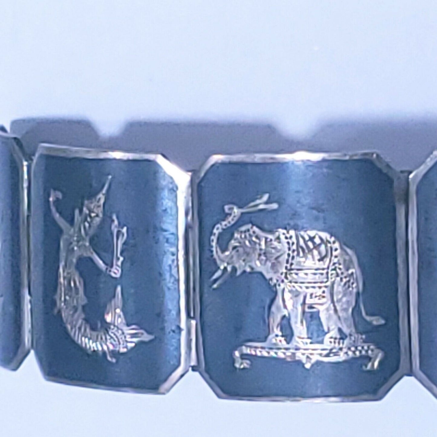 Vintage Sterling Silver Siam 9 Panel Black Niello Bracelet 6.5" Dancer Filigree