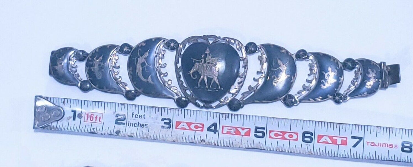 Vintage Sterling Silver Siam 7 Panel Black Niello Bracelet 7.5" Dancer Filigree