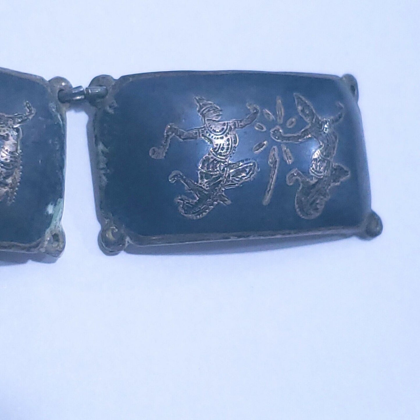 Vintage Sterling Silver Siam 6 Panel Black Niello Bracelet 6.5" Dancer Filigree