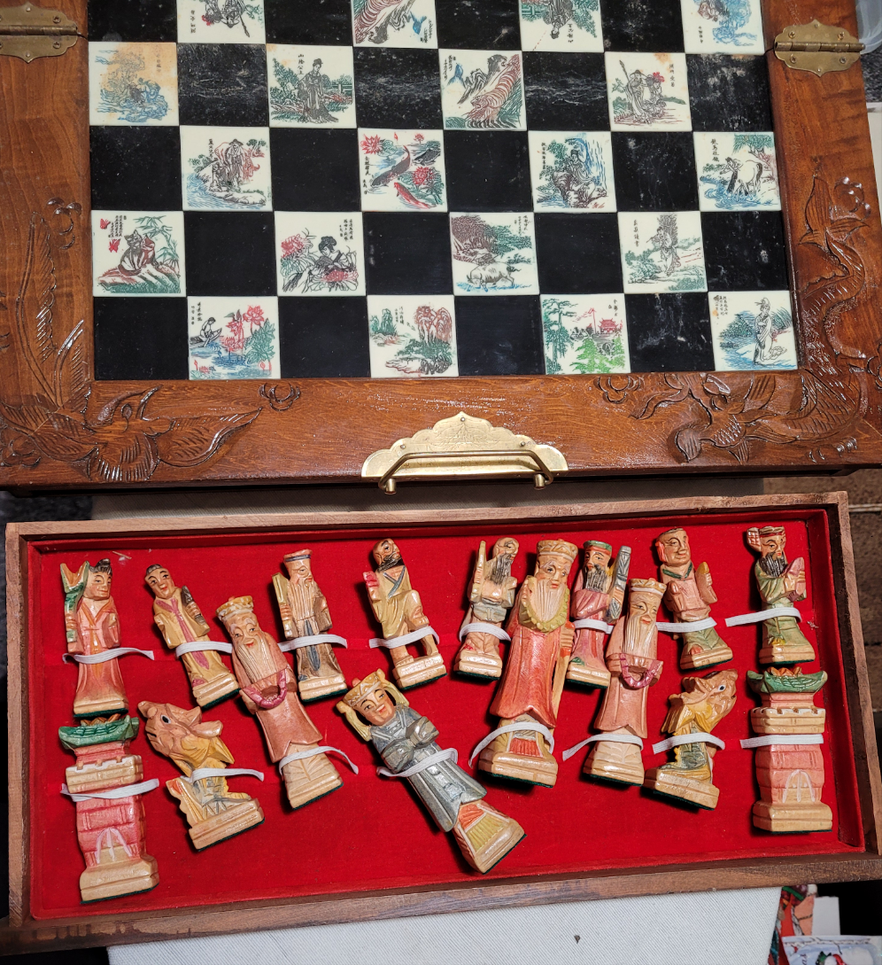 Vintage Hand-Carved Chinese Chess Set with Intricate Board & Storage