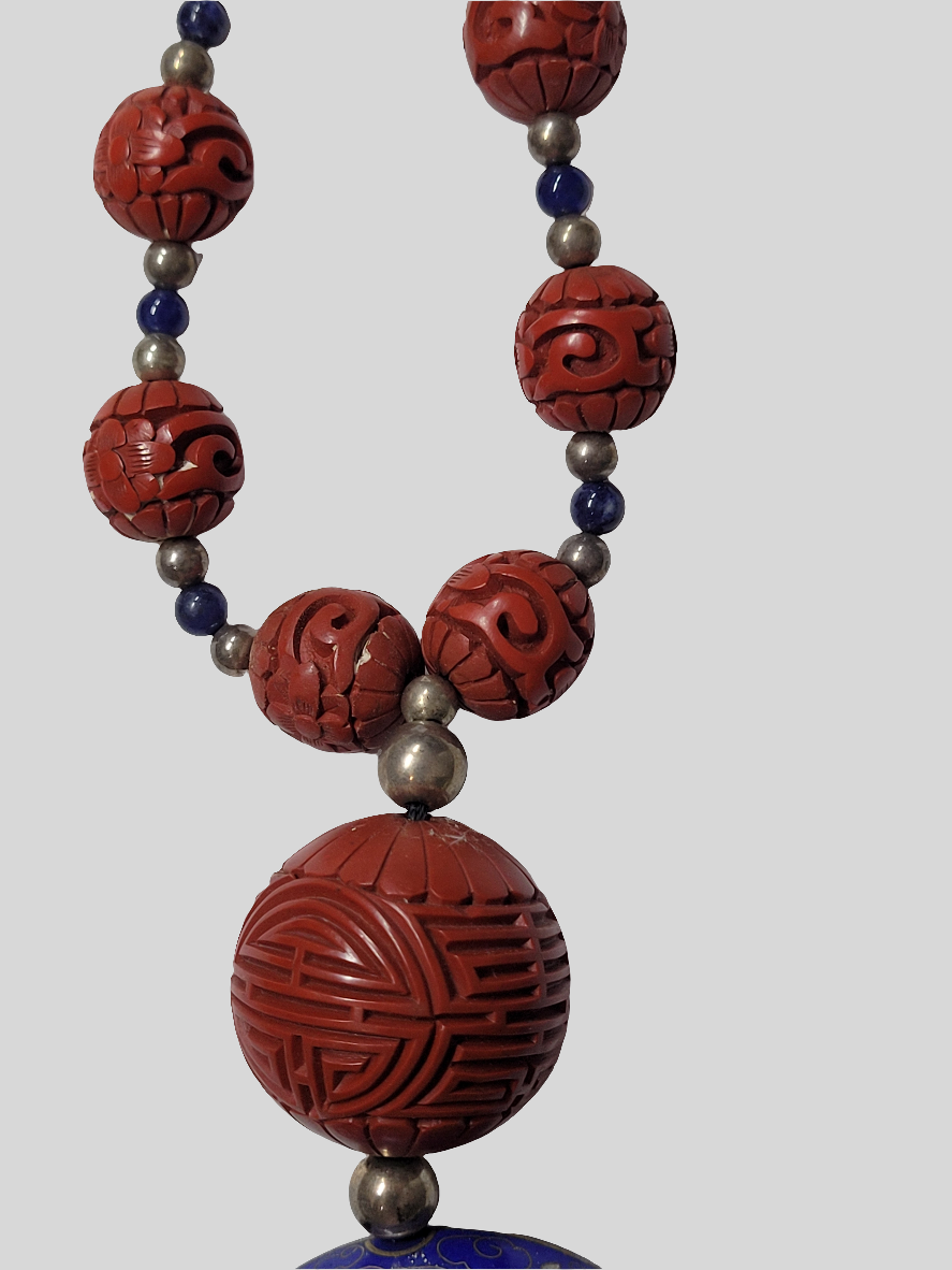 Exquisite Cinnabar and Cloisonné Necklace with Dragon & Phoenix Motif Chinese Artistry