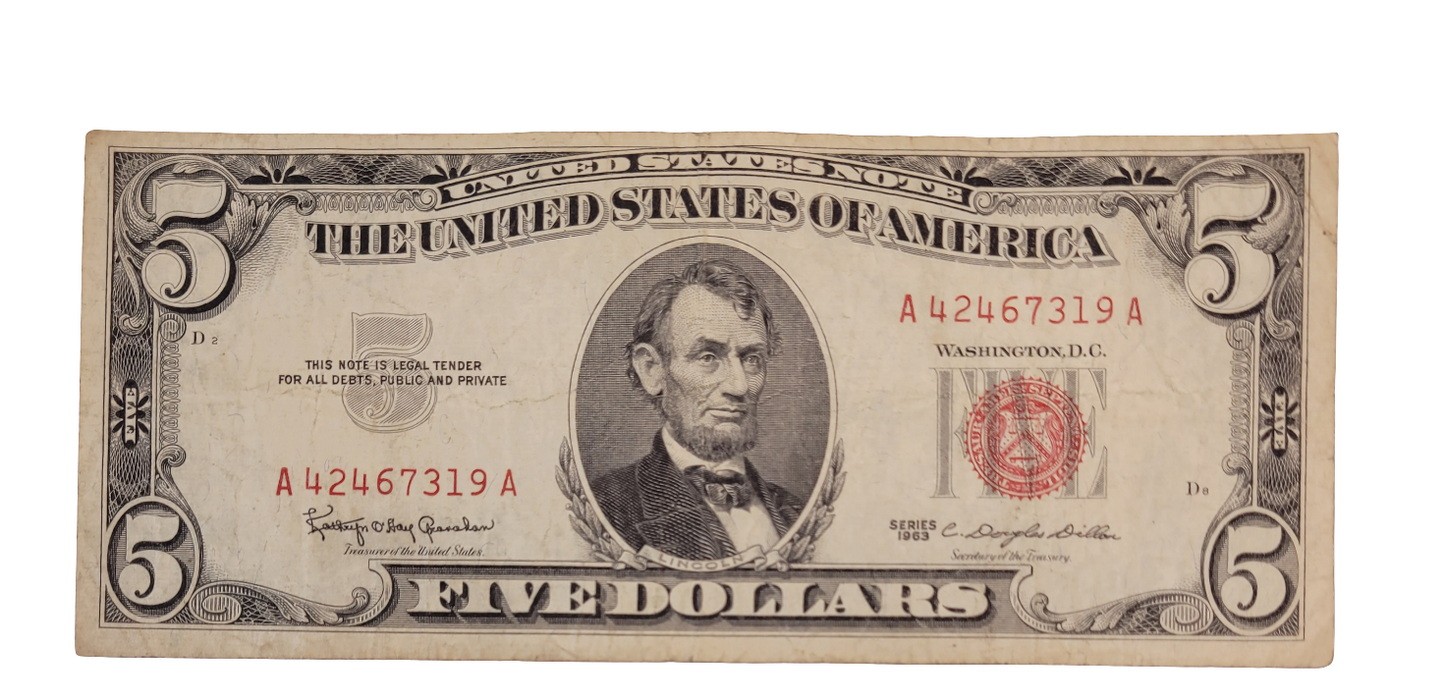 Rare 1963 $5 United States Note A42467319A - Vintage Red Seal Currency Featuring Abraham Lincoln