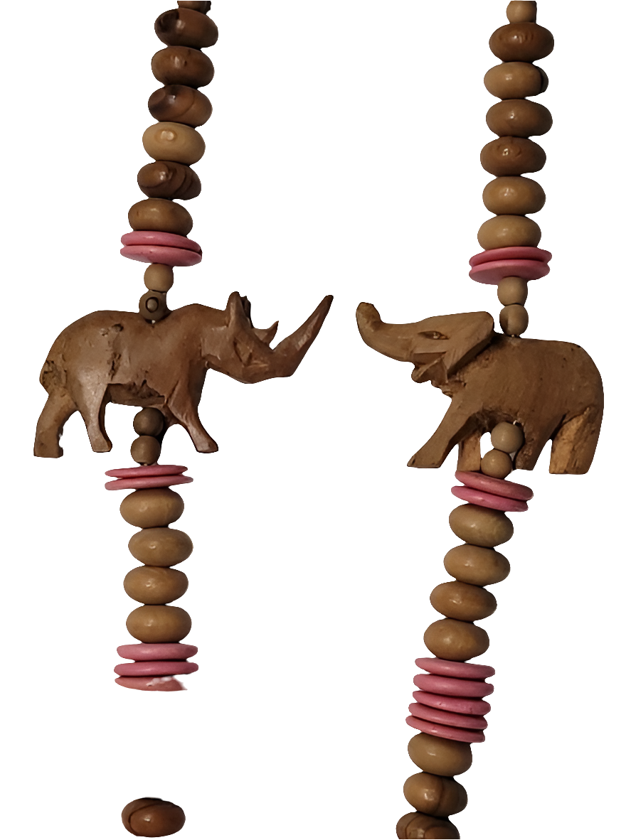 Wooden Animal Necklace with Hand-Carved Rhino and Elephant Beads