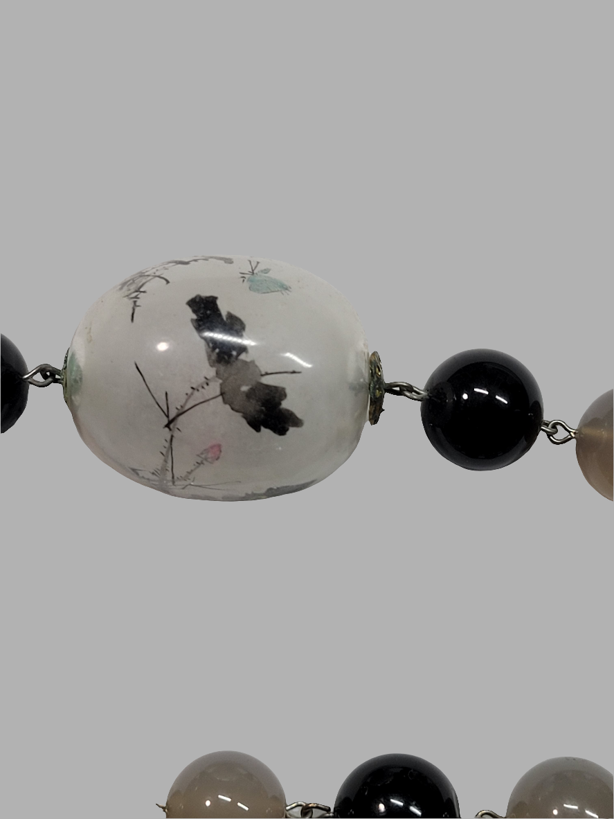 Handcrafted Stone Beaded Necklace with Silver Clasp and Hand-Painted Bead Chinese Artistry