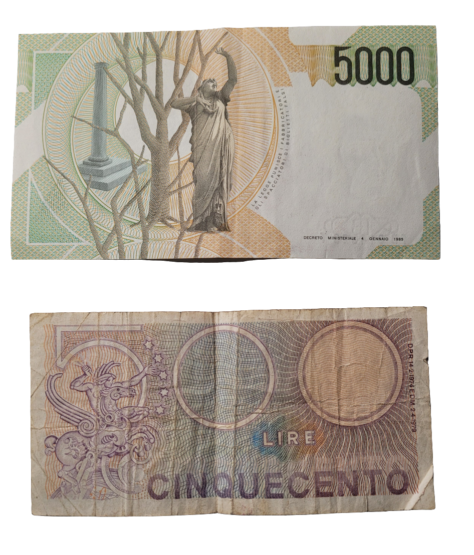 Pair of Italian Lira Banknotes - 5000 Lira and 500 Lira - Vintage Italian Currency
