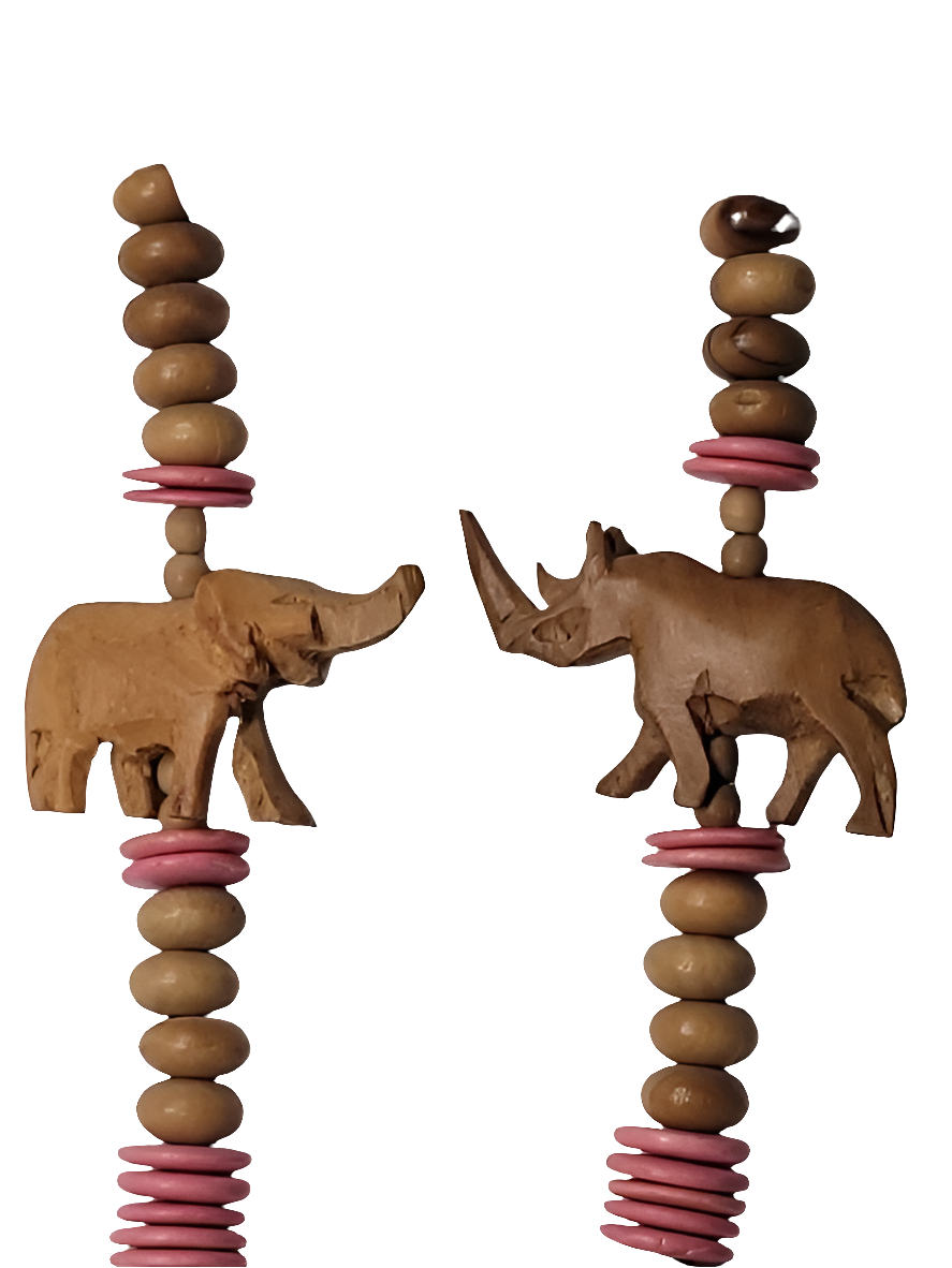 Wooden Animal Necklace with Hand-Carved Rhino and Elephant Beads