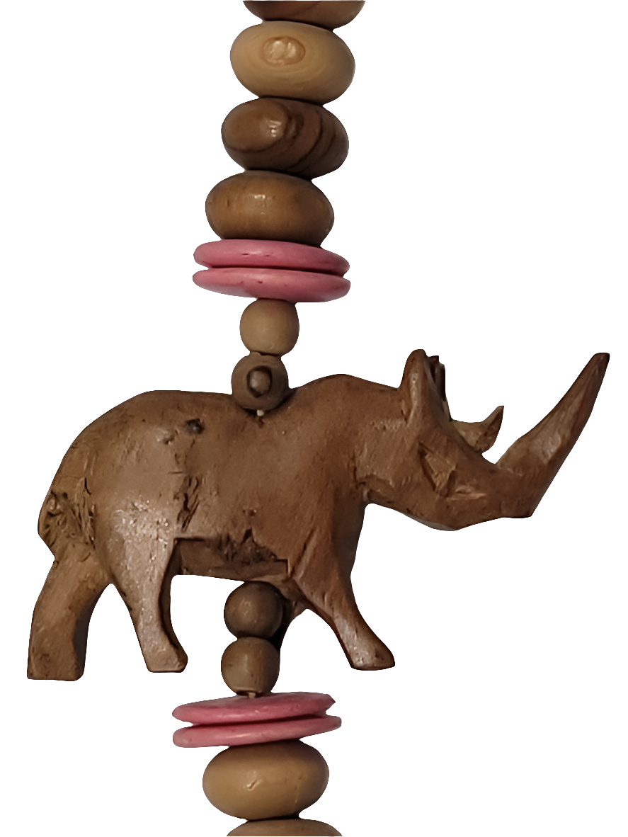 Wooden Animal Necklace with Hand-Carved Rhino and Elephant Beads