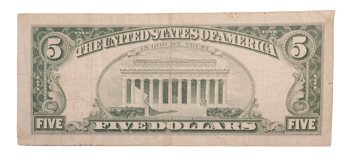 Rare 1963 $5 United States Note A61888729A - Abraham Lincoln Portrait & Red Seal Currency