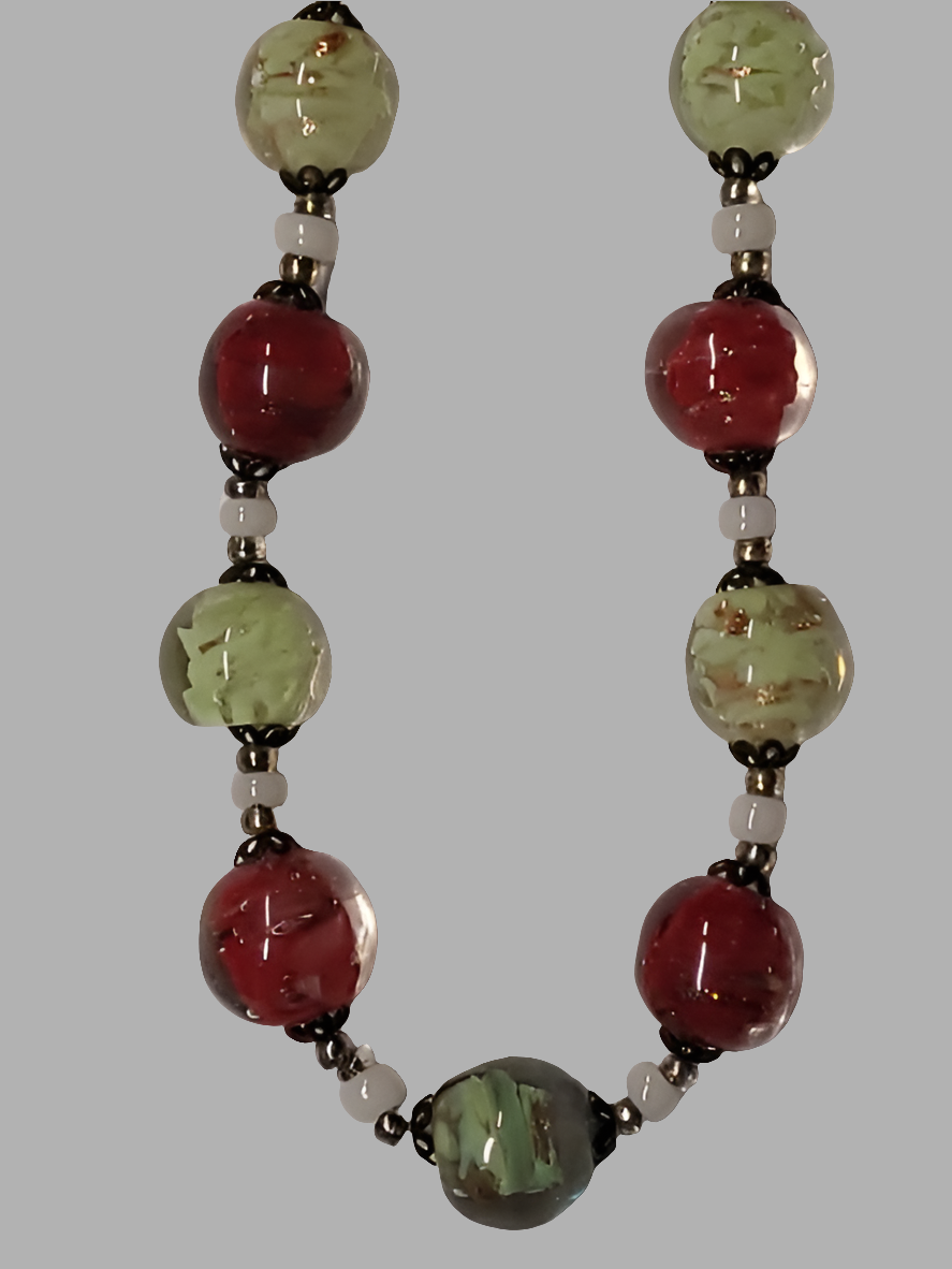 Vintage Hand Made Red and Green Glass Bead Necklace
