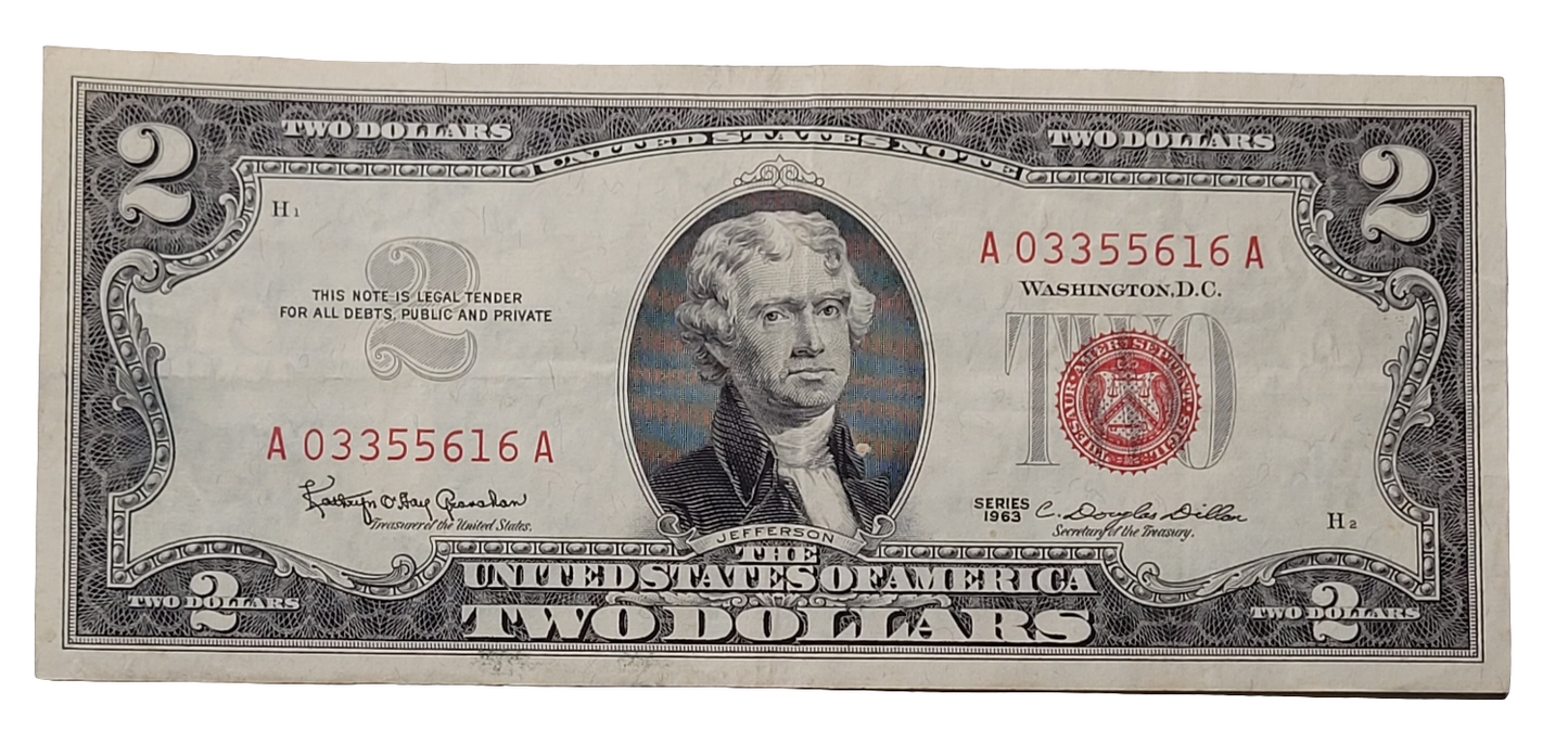 Rare 1963 $2 Bill - Low Serial Number A03355616A - Red Seal Note
