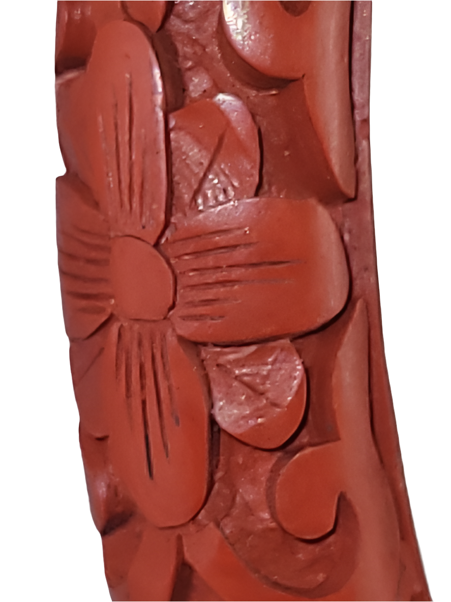 Hand-Carved Red Cinnabar Bangle Bracelet with Floral Design Chinese Artistry