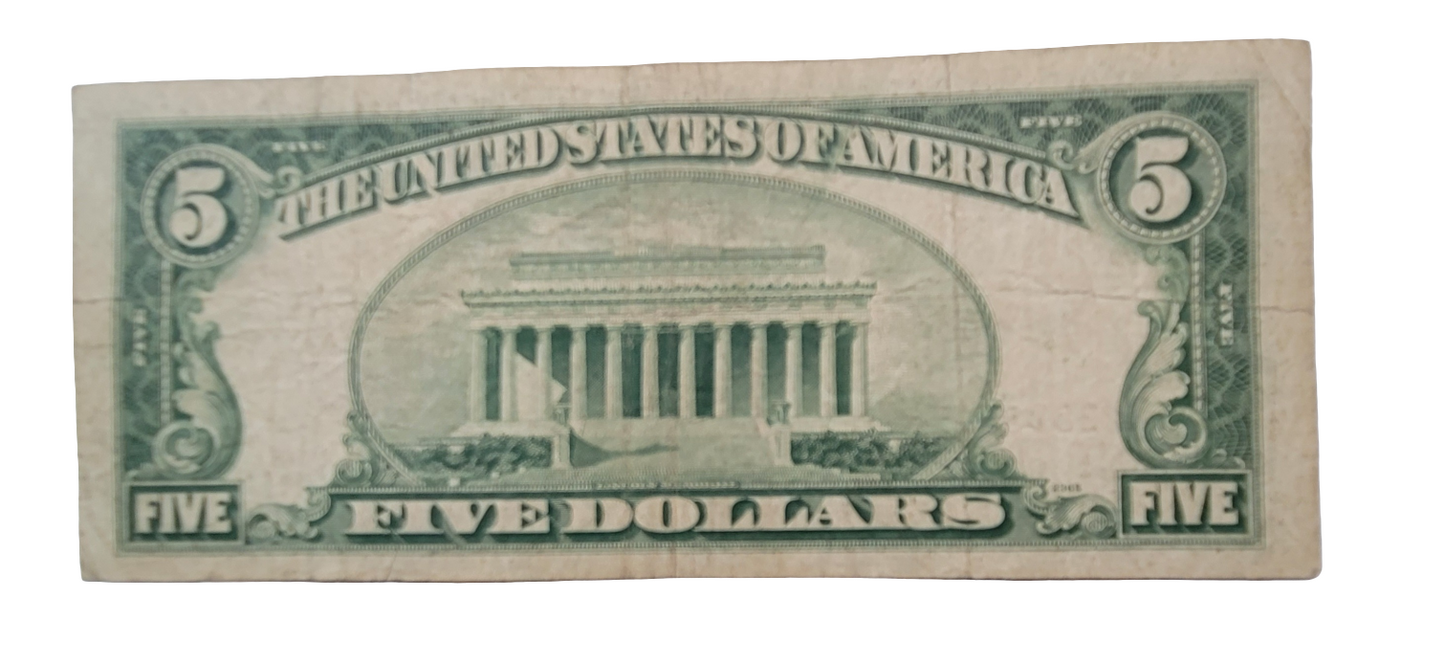 Rare 1953A Series $5 United States Note B28866216A - Vintage Red Seal Currency Featuring Abraham Lincoln