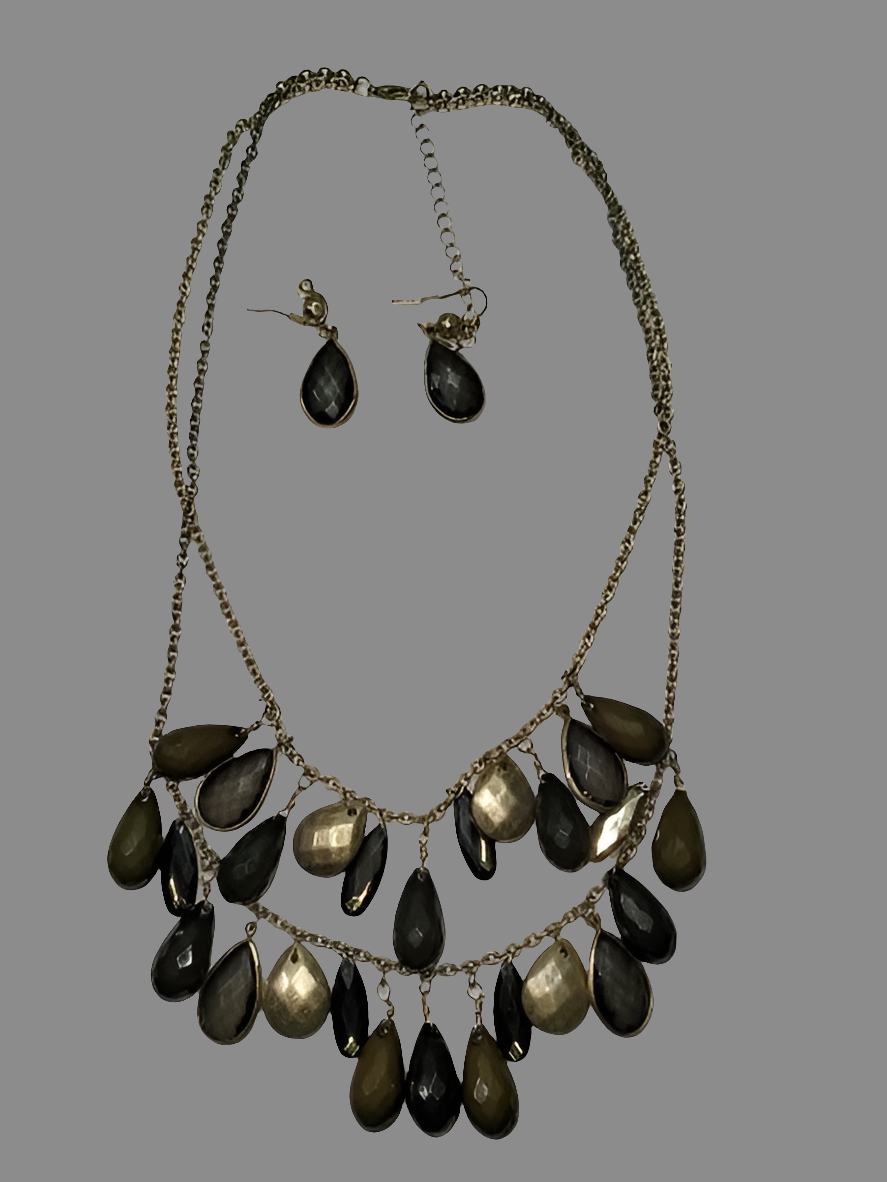 Elegant Multi-Tiered Teardrop Necklace & Earrings Set – Metallic & Stone Accents