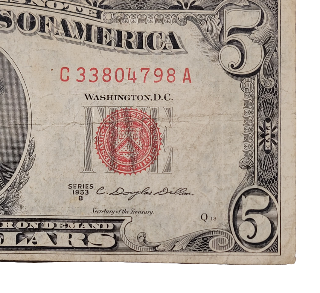 Rare 1953B Series $5 United States Note C33804798A - Vintage Red Seal Currency Featuring Lincoln and the Lincoln Memorial