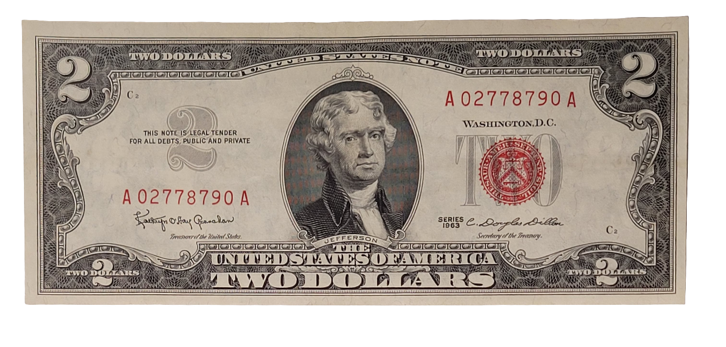 Series 1963 $2 Red Seal Jefferson Note - Low Serial Number A02778790A