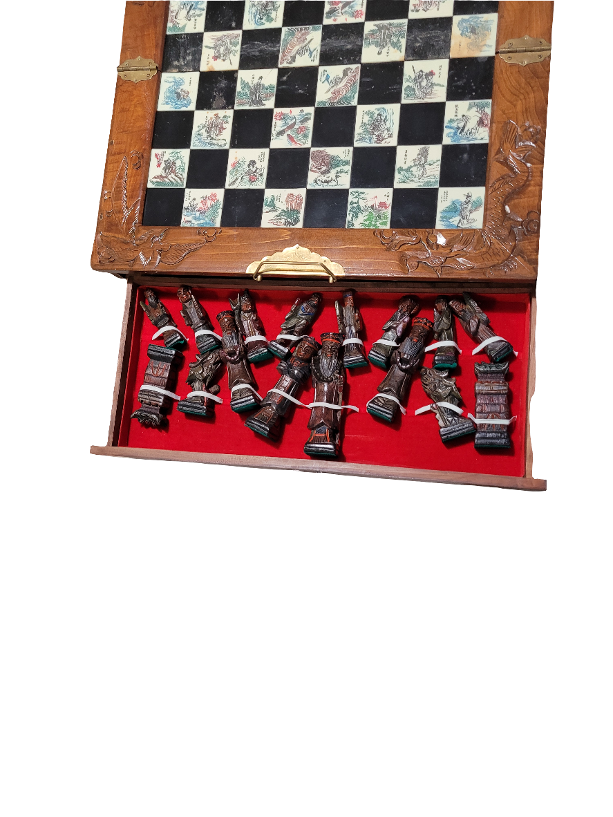Vintage Hand-Carved Chinese Chess Set with Intricate Board & Storage