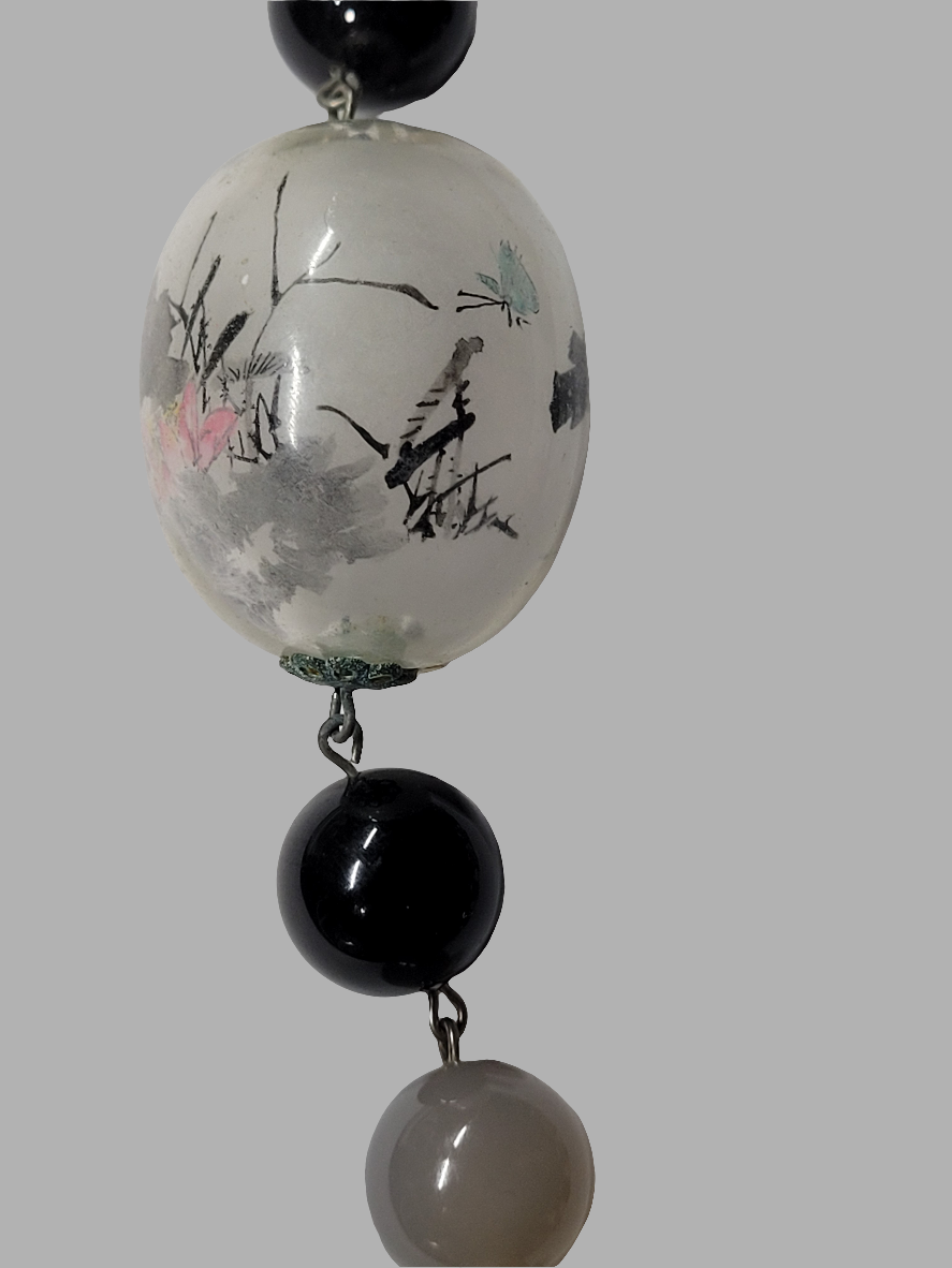 Handcrafted Stone Beaded Necklace with Silver Clasp and Hand-Painted Bead Chinese Artistry