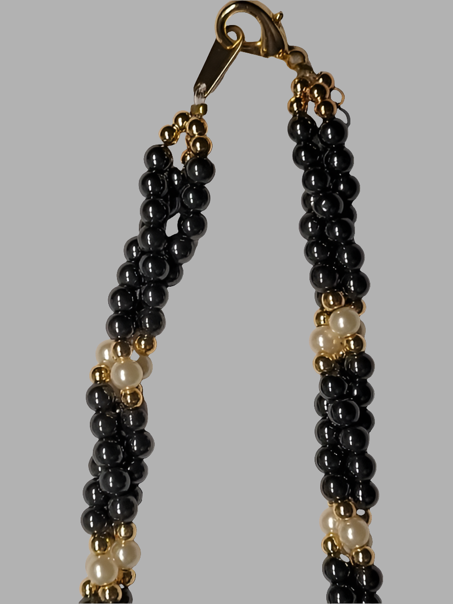 Handcrafted Hematite and Faux Pearl Beaded Necklace with Gold-Tone Clasp