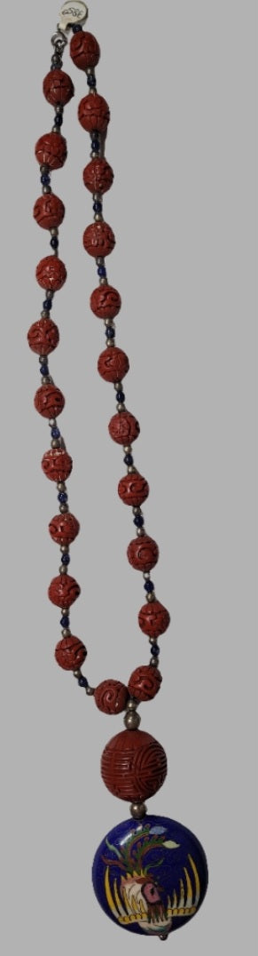 Exquisite Cinnabar and Cloisonné Necklace with Dragon & Phoenix Motif Chinese Artistry