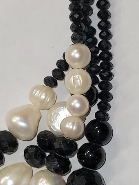 Elegant Pearl and Black Onyx Multistrand Necklace