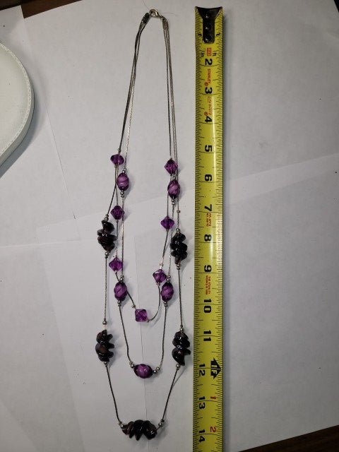 Elegant Three-Strand Necklace with Purple and Black Glass Beads