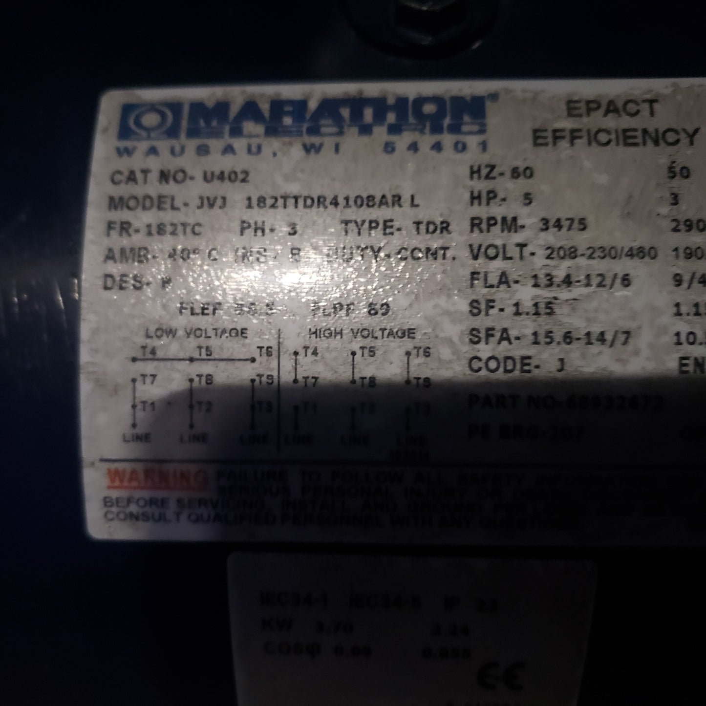 Marathon Electric Motor - Model JVJ 182TDR4108AR L