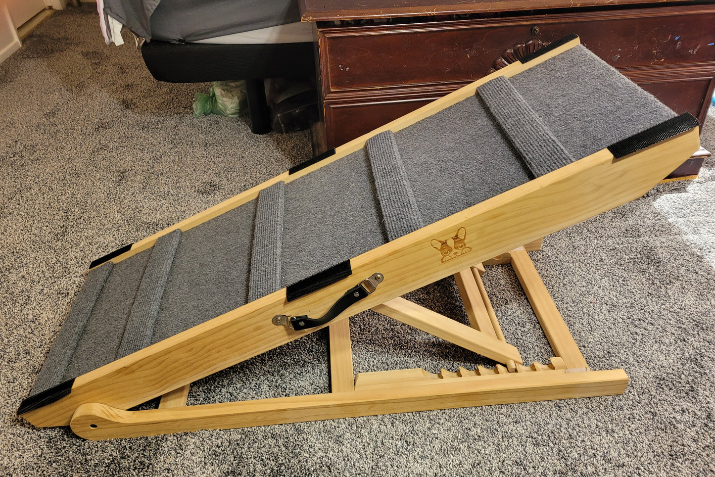 Adjustable Wooden Pet Ramp w/ Safety Side Rails — Carpeted, Foldable, Dog or Cat Bed Ramp 🐾