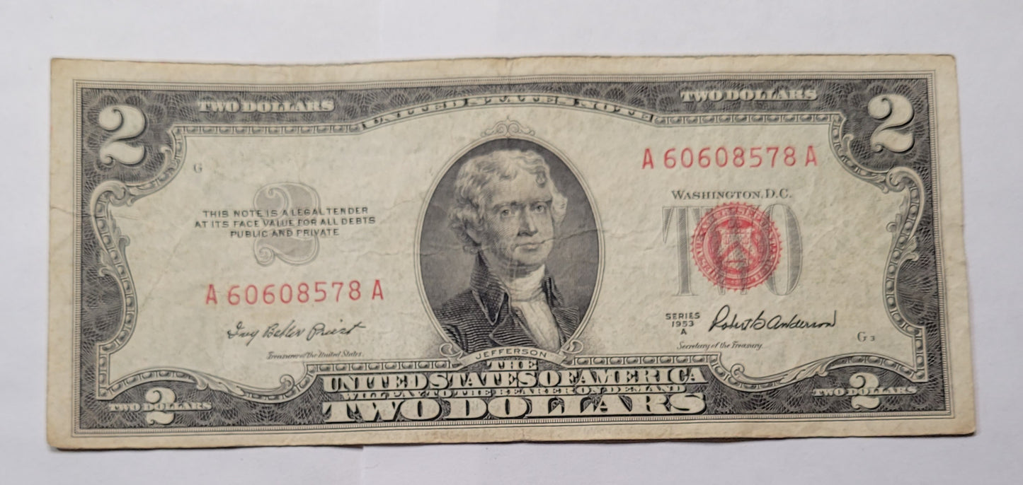 Vintage 1953A Series $2 Red Seal Note - Historical U.S. Currency A60608578A