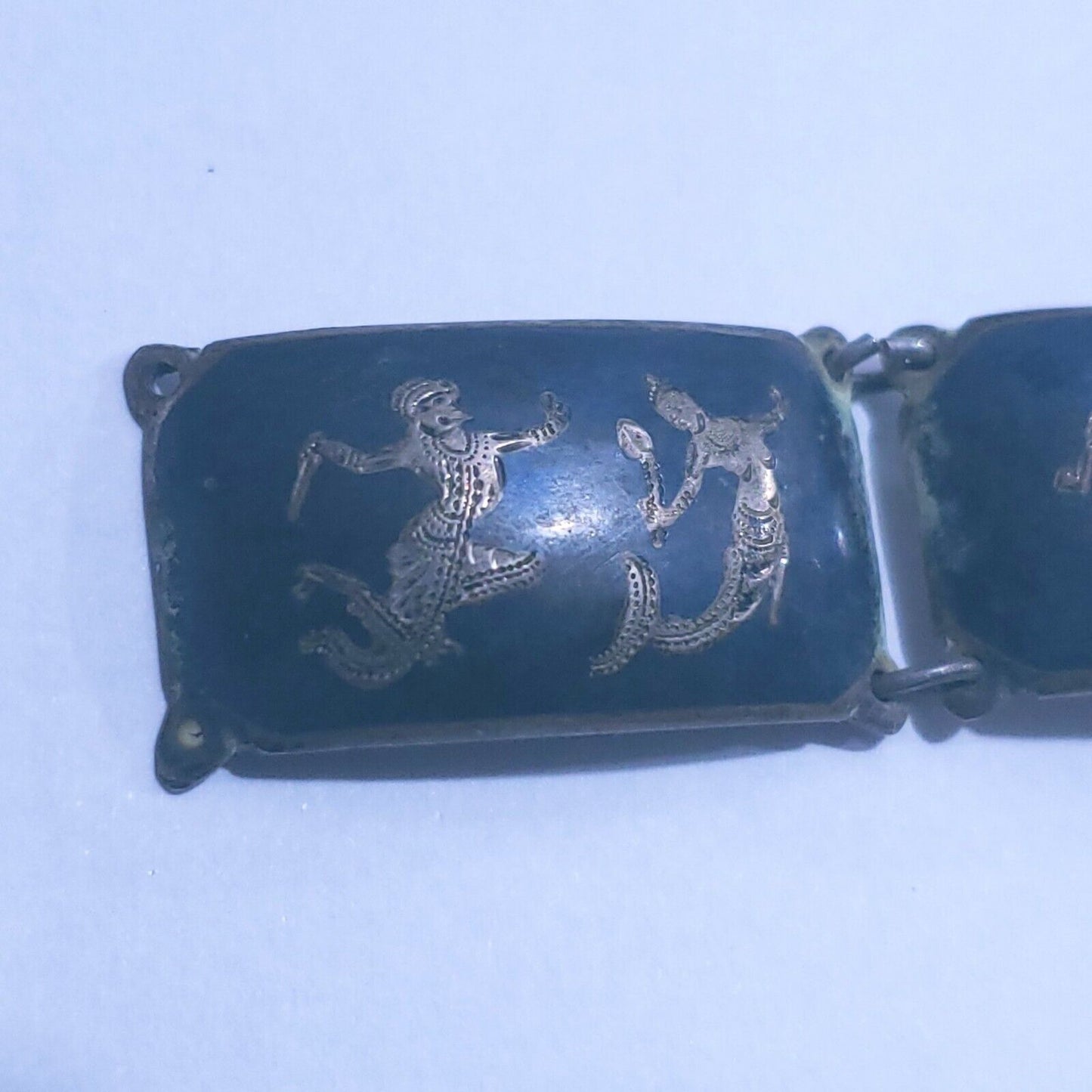 Vintage Sterling Silver Siam 6 Panel Black Niello Bracelet 6.5" Dancer Filigree