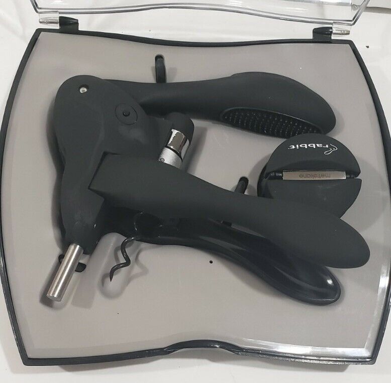 Metrokane Rabbit Corkscrew Black Wine Bottle Opener with Foil Cutter in Case