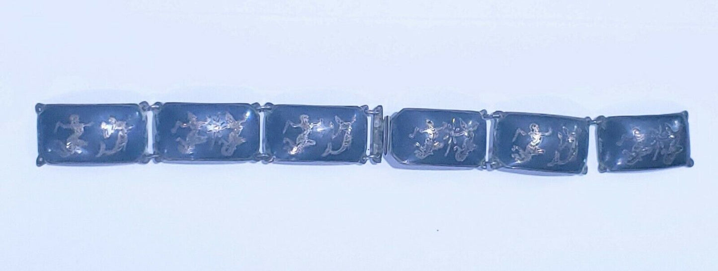 Vintage Sterling Silver Siam 6 Panel Black Niello Bracelet 6.5" Dancer Filigree
