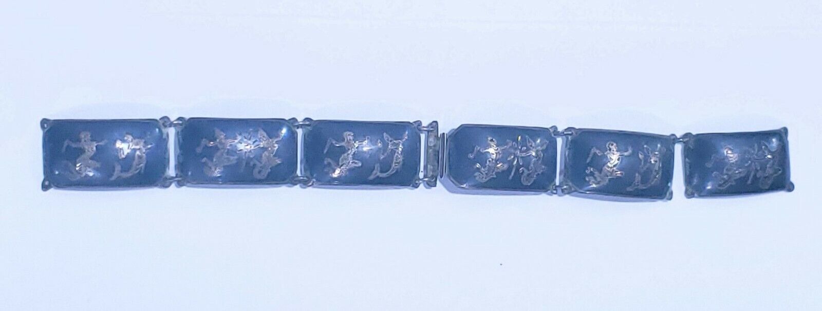 Vintage Sterling Silver Siam 6 Panel Black Niello Bracelet 6.5" Dancer Filigree
