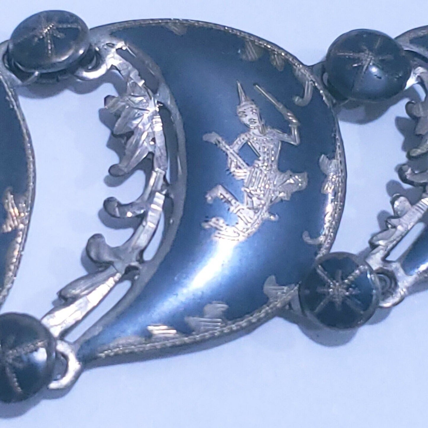 Vintage Sterling Silver Siam 7 Panel Black Niello Bracelet 7.5" Dancer Filigree
