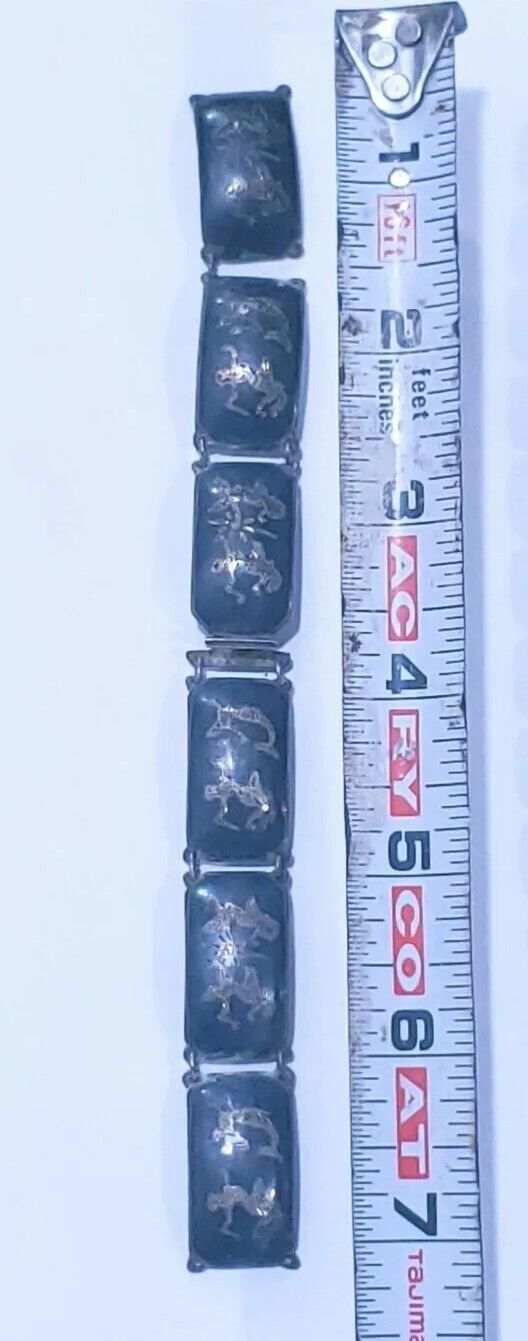 Vintage Sterling Silver Siam 6 Panel Black Niello Bracelet 6.5" Dancer Filigree