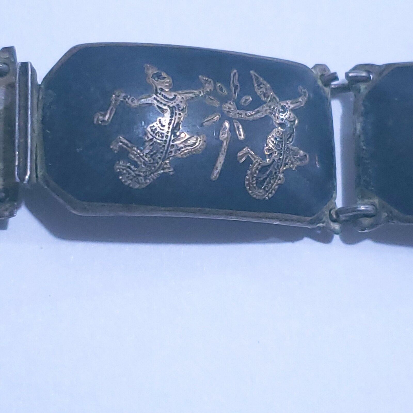 Vintage Sterling Silver Siam 6 Panel Black Niello Bracelet 6.5" Dancer Filigree
