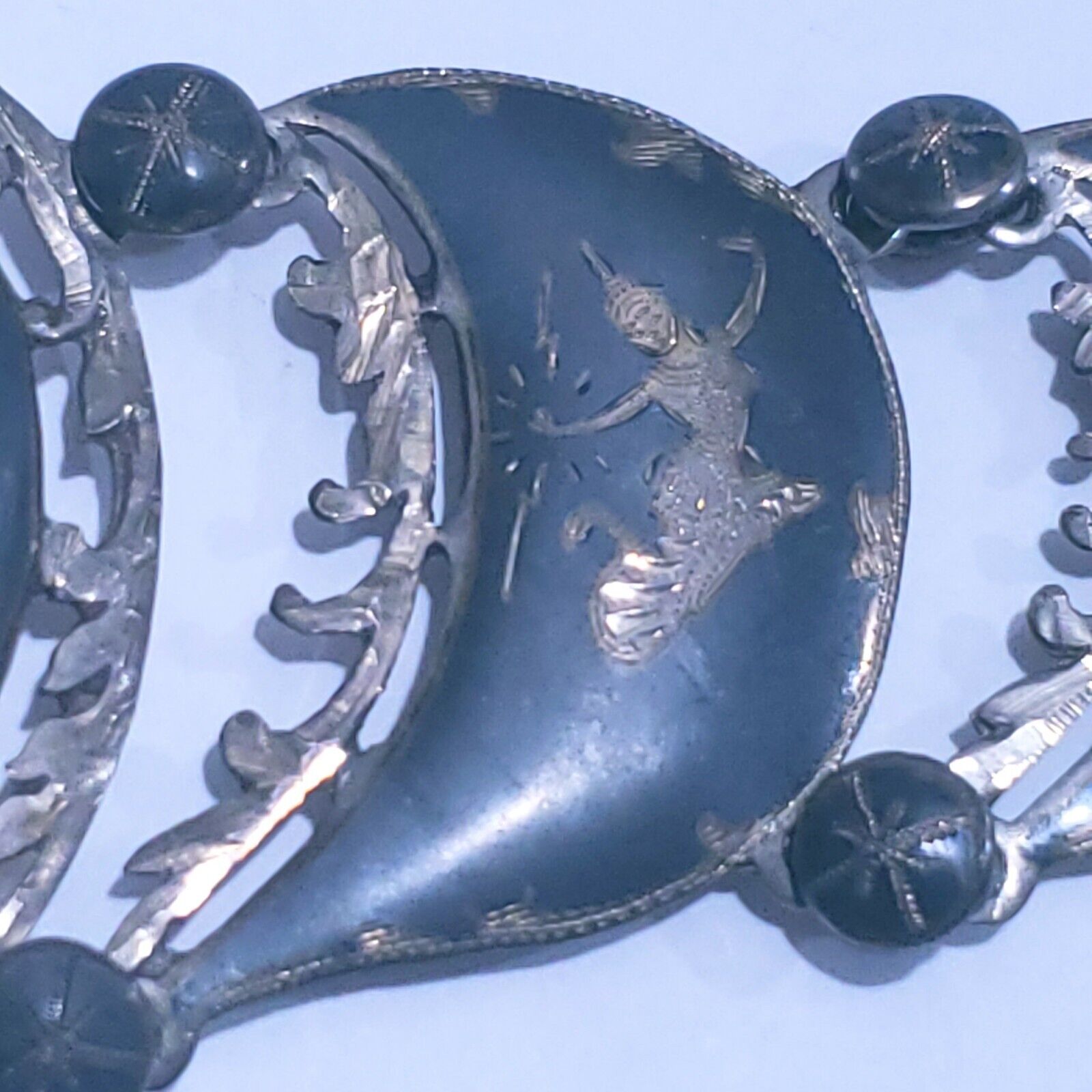 Vintage Sterling Silver Siam 7 Panel Black Niello Bracelet 7.5" Dancer Filigree