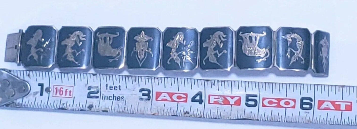 Vintage Sterling Silver Siam 9 Panel Black Niello Bracelet 6.5" Dancer Filigree