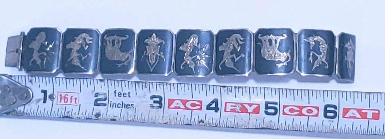 Vintage Sterling Silver Siam 9 Panel Black Niello Bracelet 6.5" Dancer Filigree