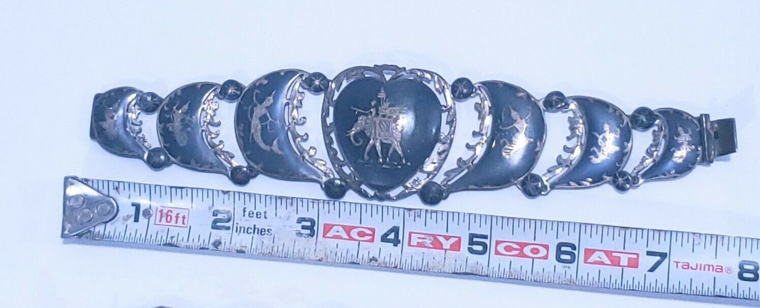 Vintage Sterling Silver Siam 7 Panel Black Niello Bracelet 7.5" Dancer Filigree