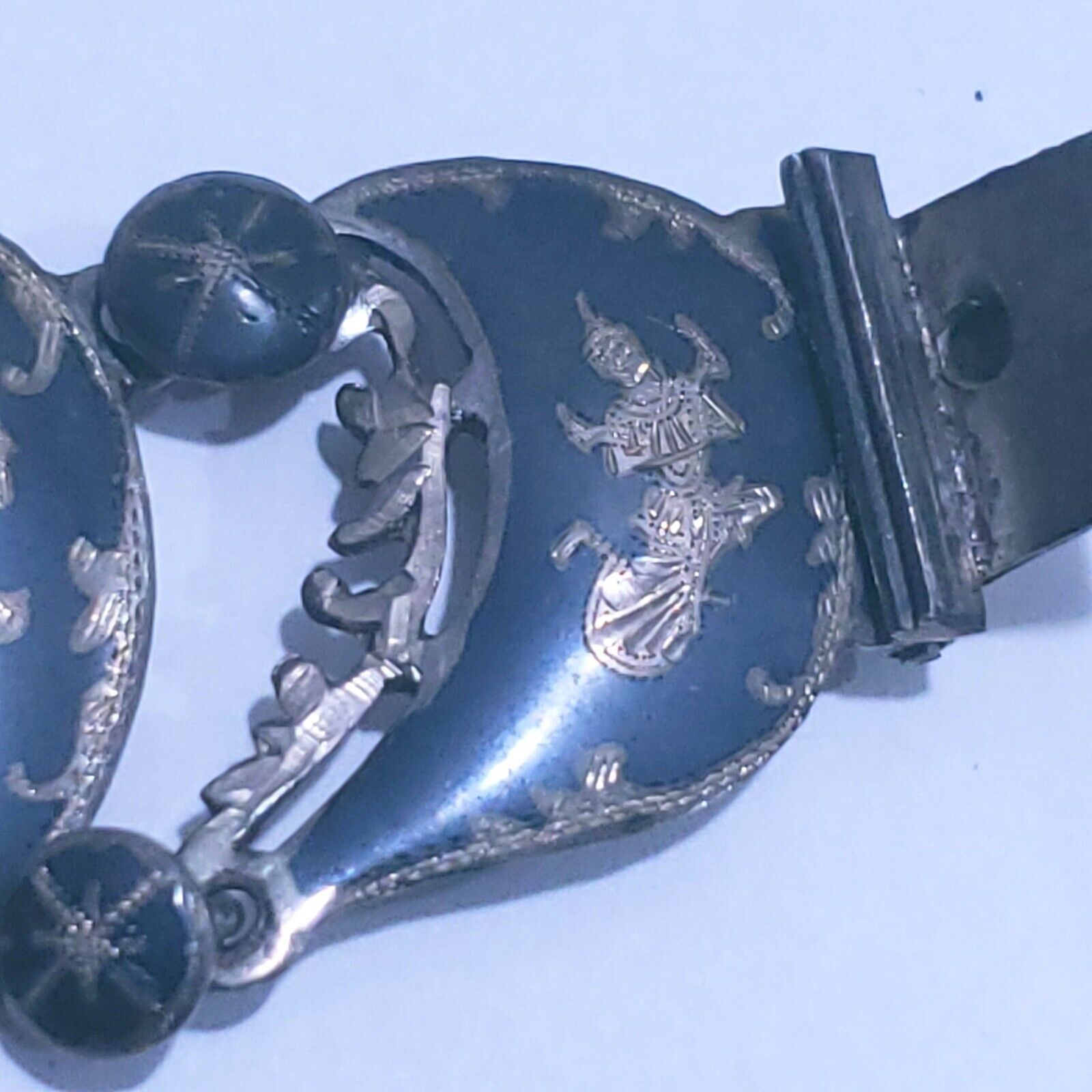 Vintage Sterling Silver Siam 7 Panel Black Niello Bracelet 7.5" Dancer Filigree