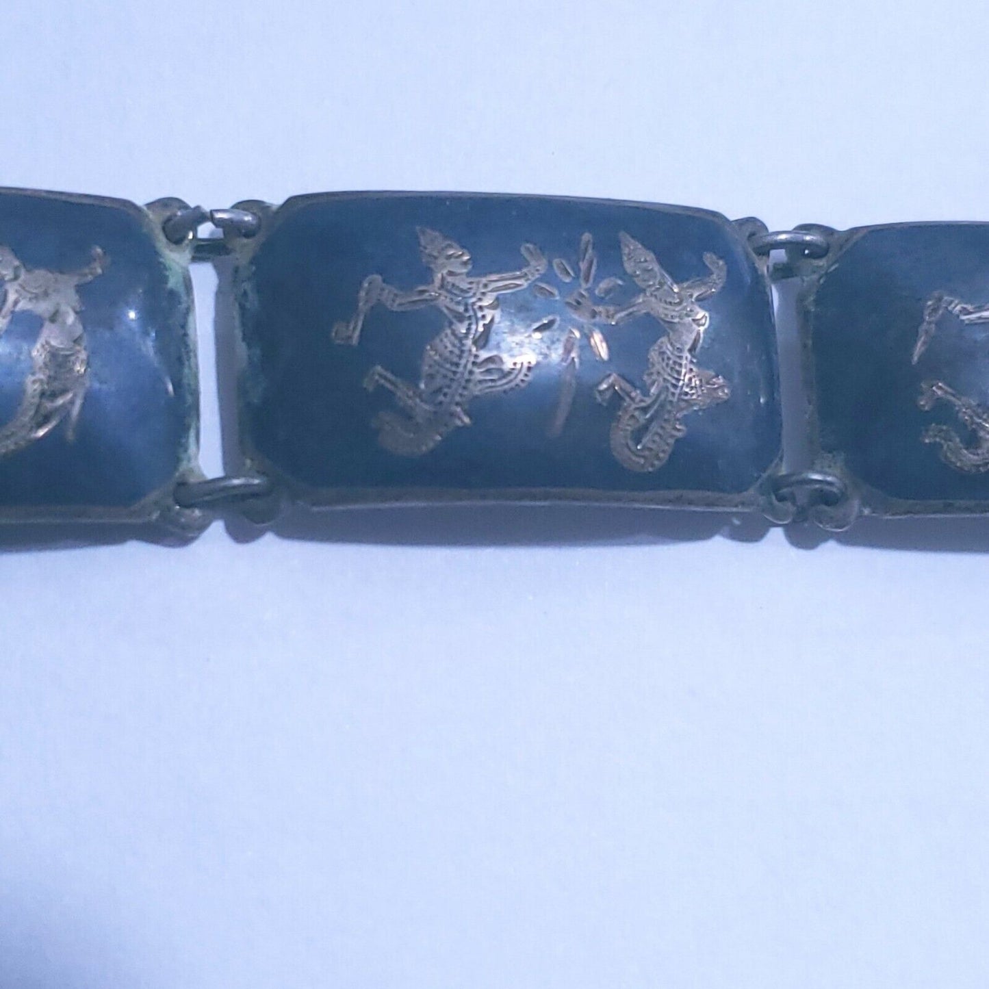 Vintage Sterling Silver Siam 6 Panel Black Niello Bracelet 6.5" Dancer Filigree