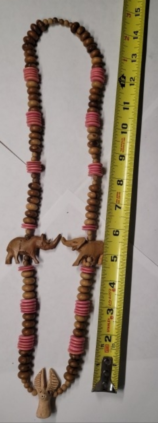 Wooden Animal Necklace with Hand-Carved Rhino and Elephant Beads